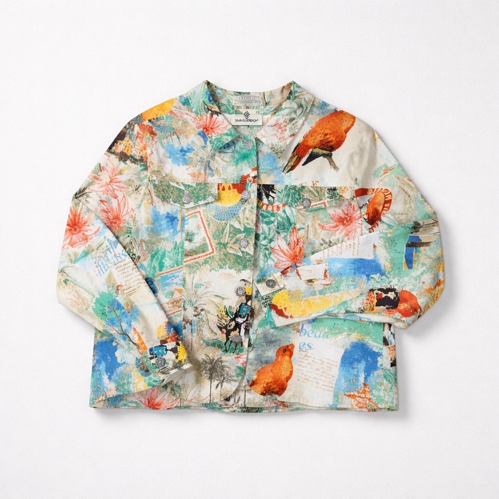 Vintage Erin London Women L Tropical Postcard‎ Print Button Front Stretch Jacket